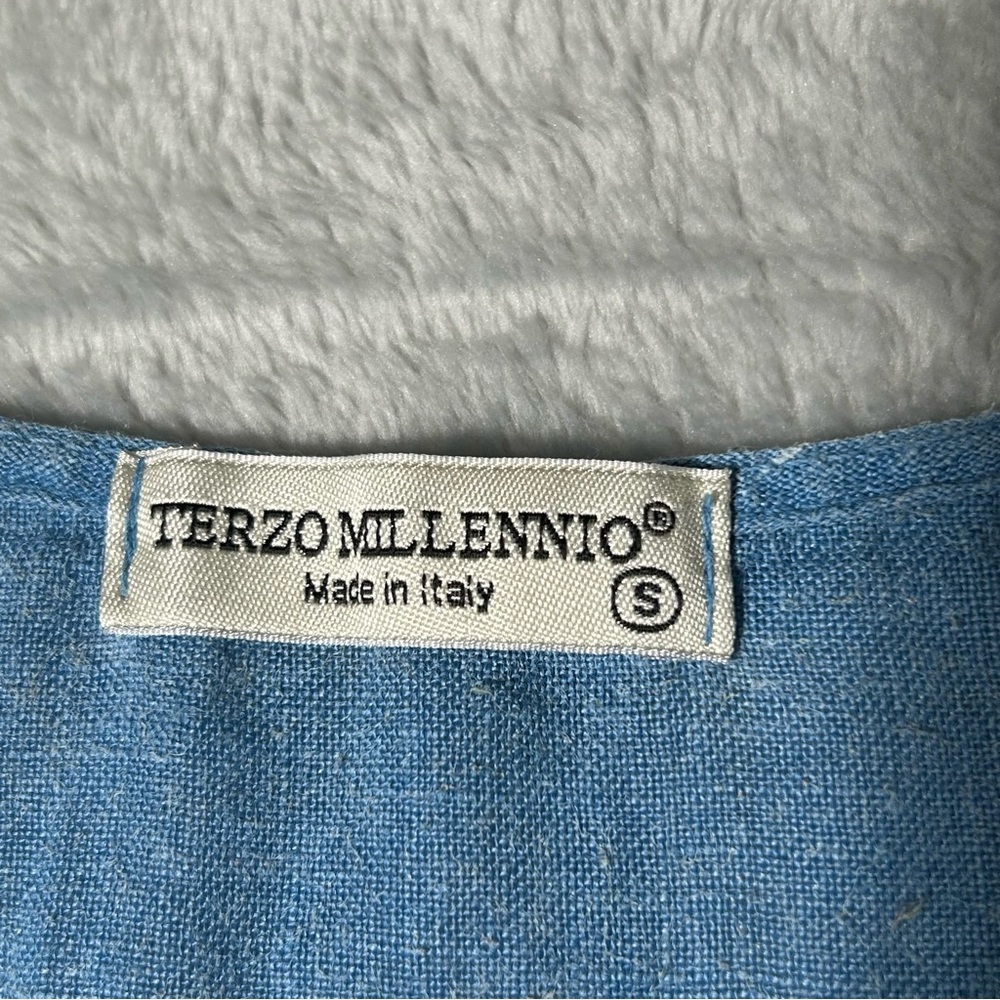 Terzo Millennio Linen Top Womens Small Blue Embroidered‎ Hi Lo Hem Tunic Italy - Picture 2 of 9